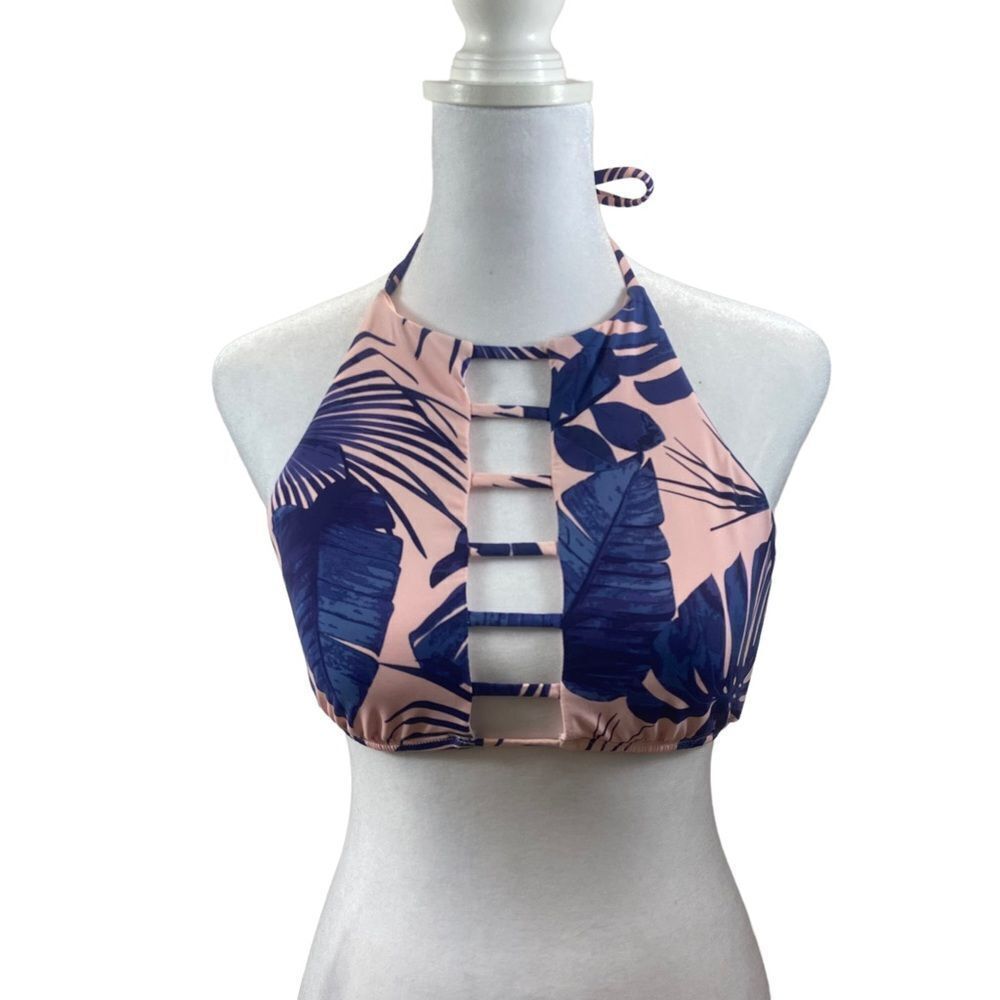 The Bikini Lab Pink and Blue Floral Cage Front Halter Style Bikini Top Small